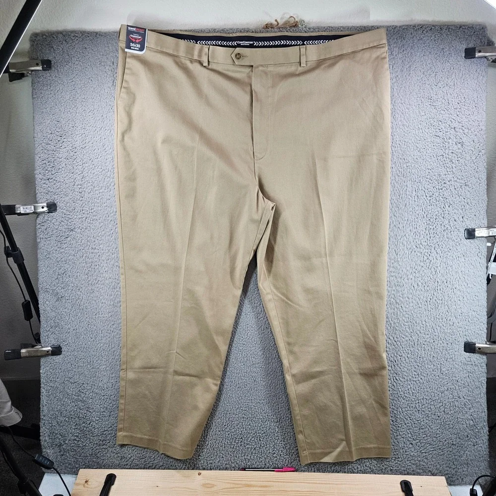 Roundtree & Yorke TravelSmart Khaki Chino Pants 56x30 Big Man Tan Flat Front NEW